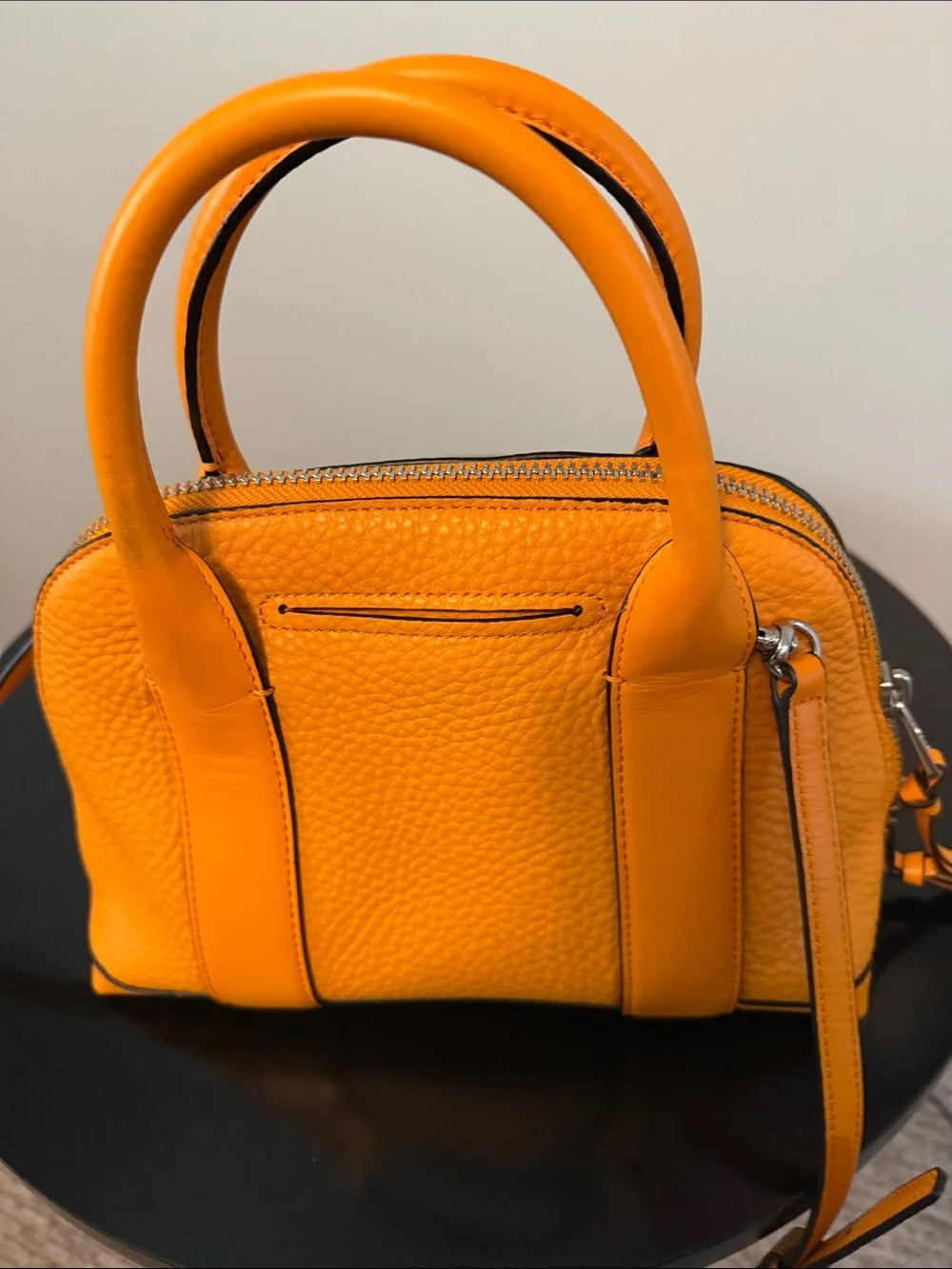 Coach Bleeker Mini. Orange Pebbled Leather Satchel with Detachable Strap
